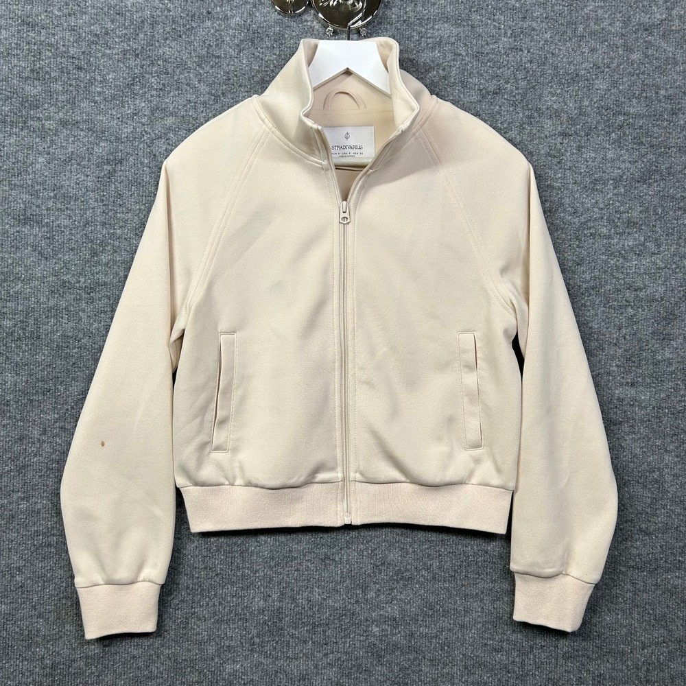 Stradivarius Full Zip Jacket Womens Cream Pockets Raglan Sleeves Stretch - Small